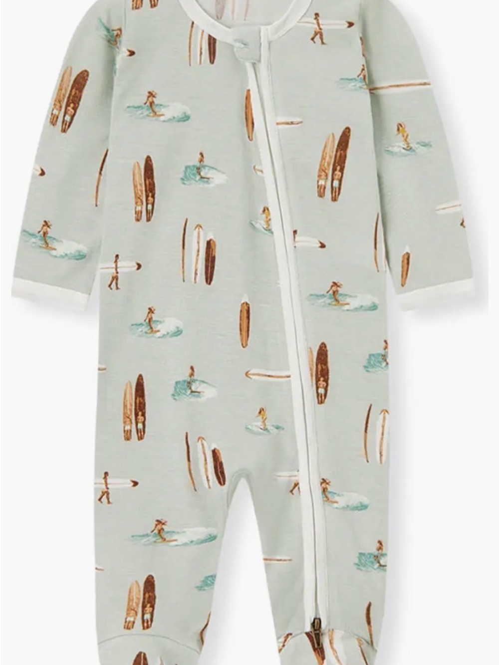 Milkbarn Light Sage Surf Print Zip Footie